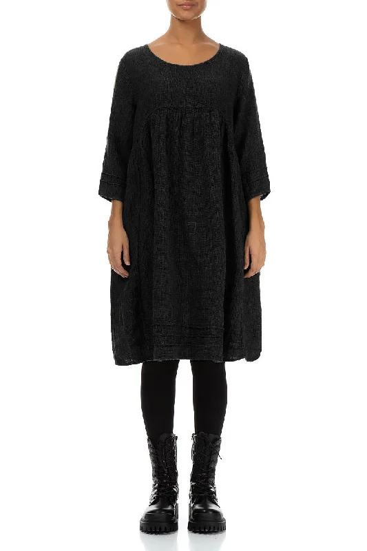 Black Mélange Linen Smock Dress