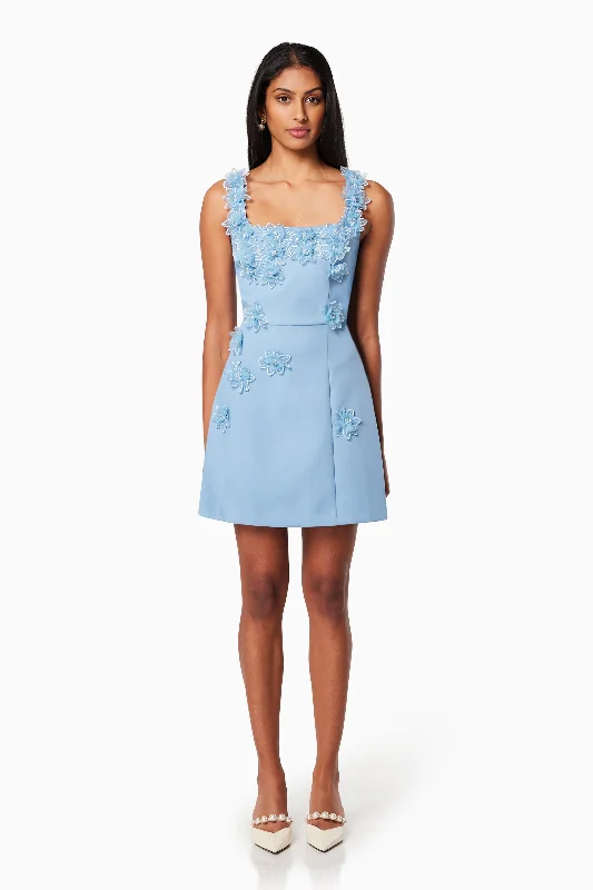 Bruges 3D Floral Mini Dress In Blue