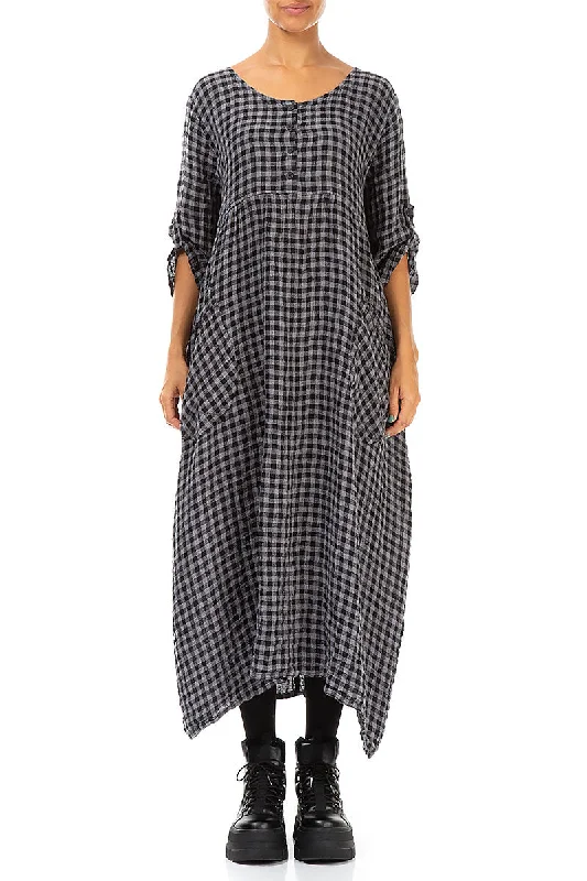 Buttoned Grey Check Linen Dress