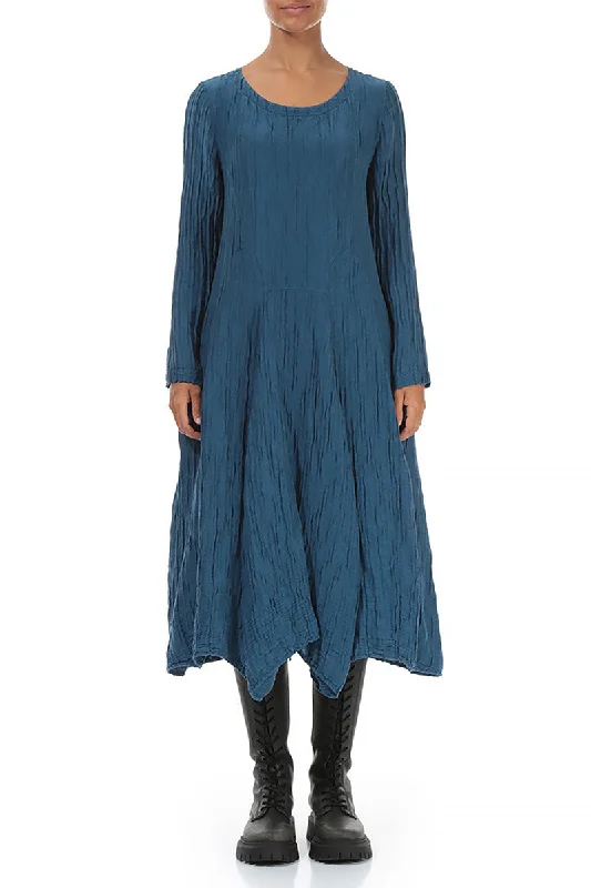 Flared Crinkled Azure Silk Linen Dress