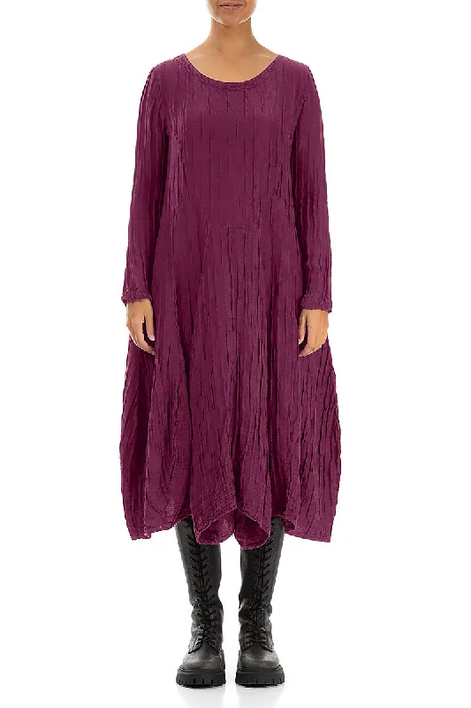 Flared Crinkled Magenta Silk Linen Dress