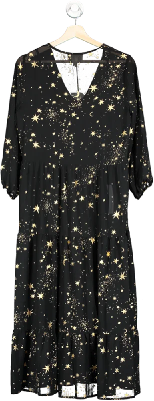 Silk Fred If By Sea Black Gold Star Print Maxi Dress UK S