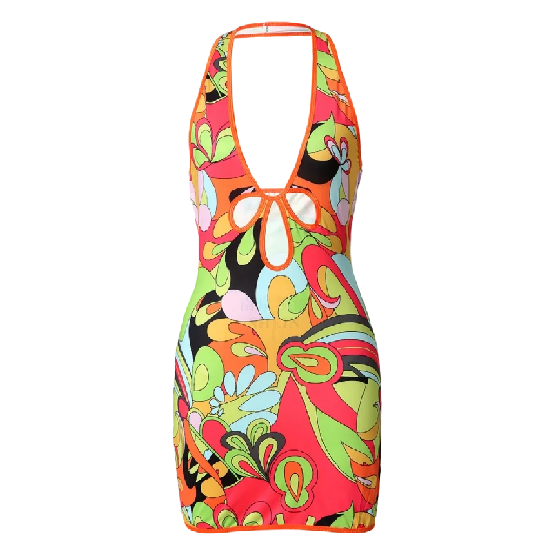 Jaded London Multi-coloured Retro Print Plunge Halter Mini Dress UK 12