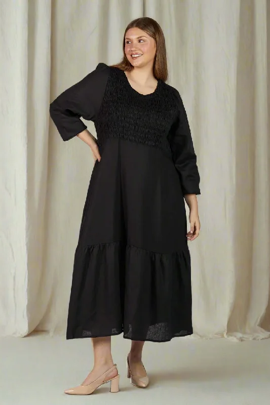 Minden Linen Long Sleeve Shirred Dress in Black