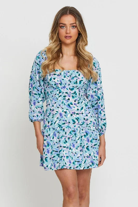 Print Mini Dress Square Neck