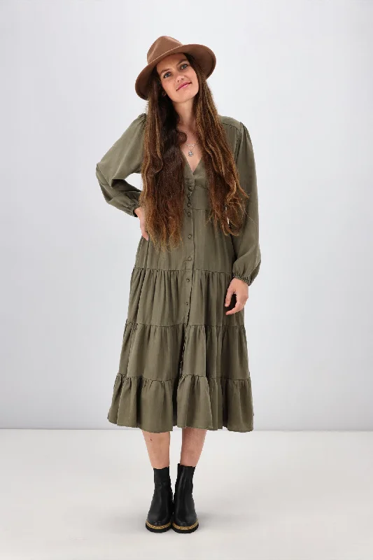 Sass Charity Tiered Midi Dress Khaki