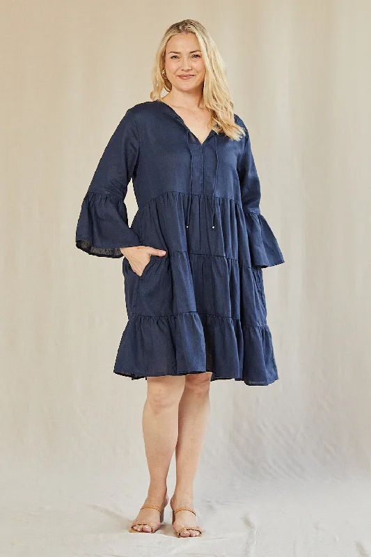 Scout Tiered Linen Dress in Navy