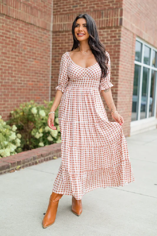 Thankful For You Rust Gingham Puff Sleeve Midi Dress