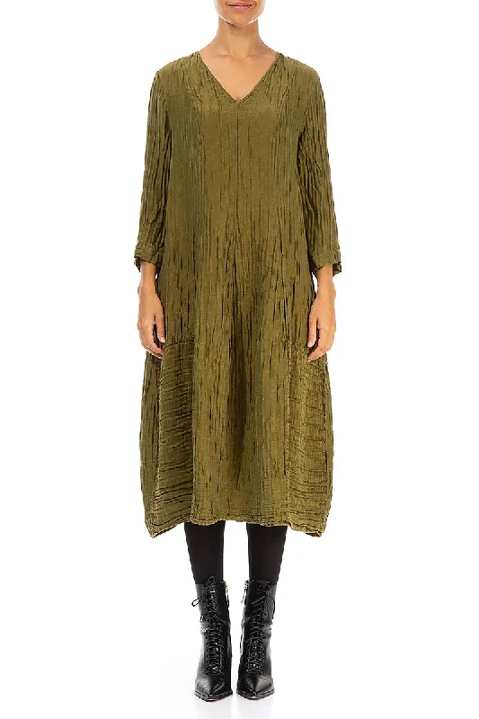 V-Neck Crinkled Olive Silk Linen Dress