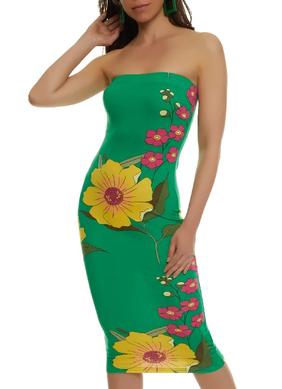 Tropical Print Tube Bodycon Dress