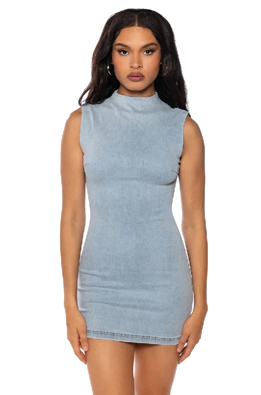 INTO THE NIGHT DENIM BODYCON MINI DRESS IN LIGHT BLUE