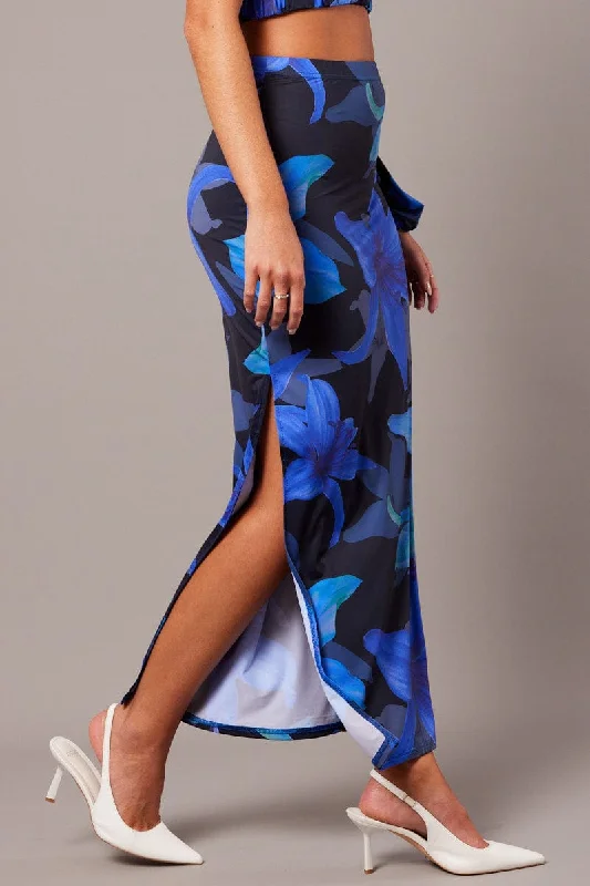 Blue Floral Maxi Skirt Tube Side Split Skirt