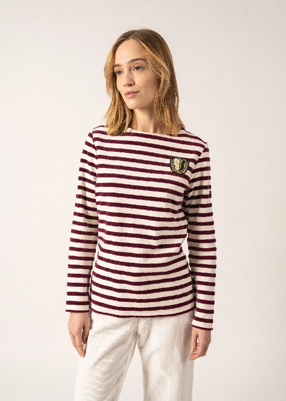 MERIDAME CAMPUS - Fancy Breton Shirt Top with Velvet Stripes and Vintage Crest | Heavyweight Cotton Blend | Women Fit  (IVORY / PLUM)