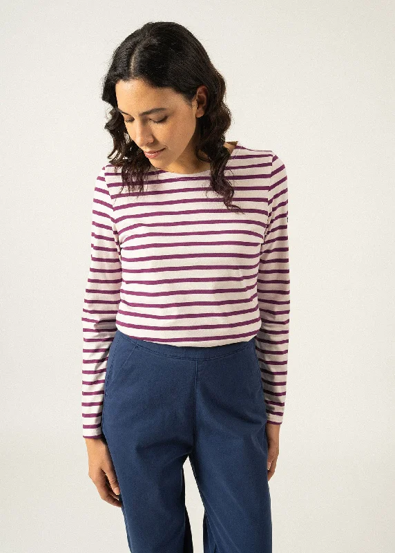 MINQUIDAME - Breton Striped Shirt with Long Sleeve | Soft Cotton | Women Fit (IVORY / PLUM)