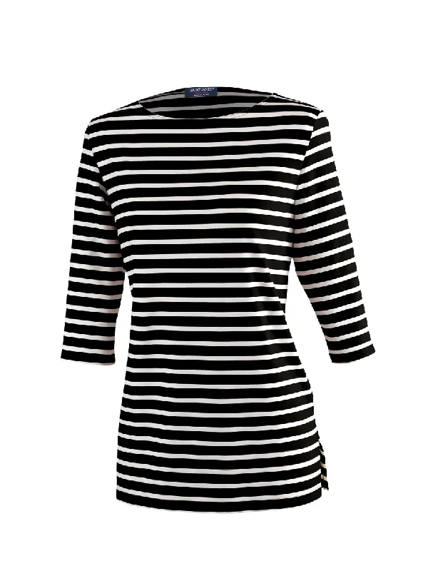 PHARE - Boat Neck Striped Tunic with Slits | Stretch fabric with UV Protection (BLACK / IVORY)