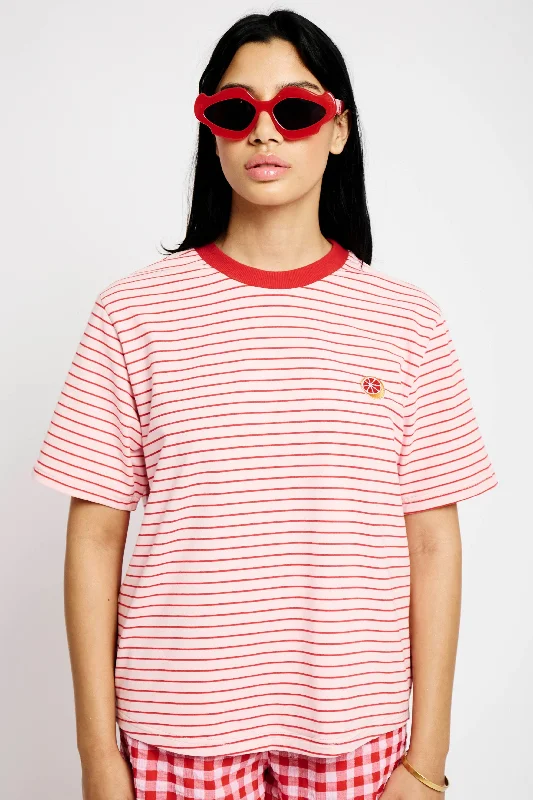 Statement Tee in Stripe with Embroidery GrapeFruit