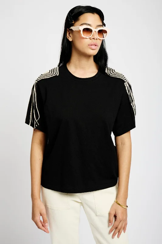 Statement Tee with Fringe Shoulder Detail