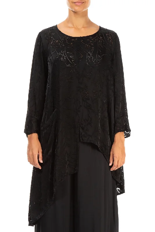 Asymmetrical Black Devoré Feather Silk Tunic