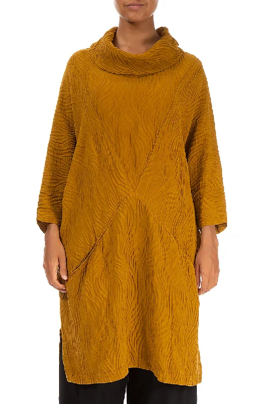 Cowl Neck Yellow Ochre Waves Silk Tunic