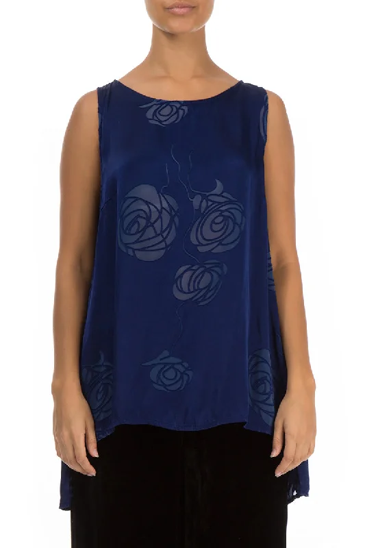 Sleeveless Roses Cobalt Blue Silk Top