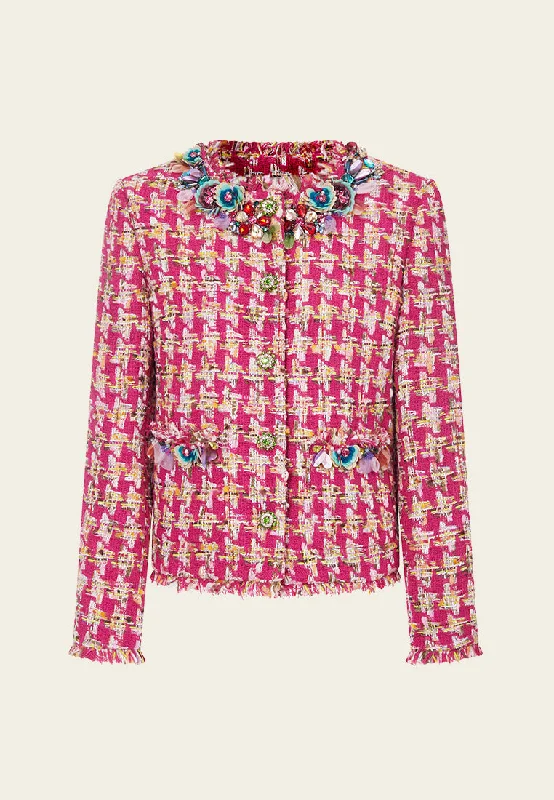 Fuchsia Houndstooth Frayed-trim Fantasy Jacket