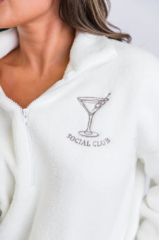 After Hours Ivory and Taupe Social Club Martini Embroidered Fleece Pullover