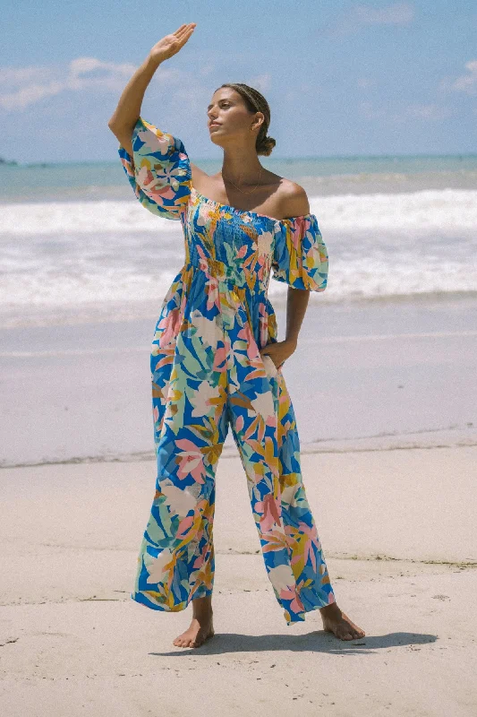 Calia Blue Floral Puff Sleeve Jumpsuit