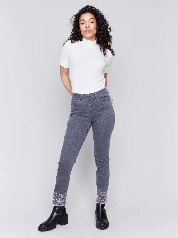 Embroidered Hem Jeans - Medium Grey