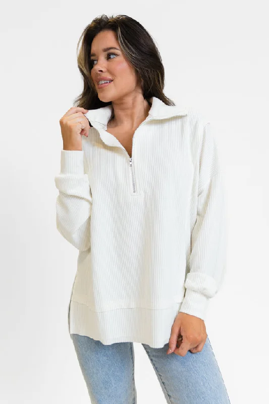 Fireside Festivities Cream Ribbed Quarter Zip Pullover