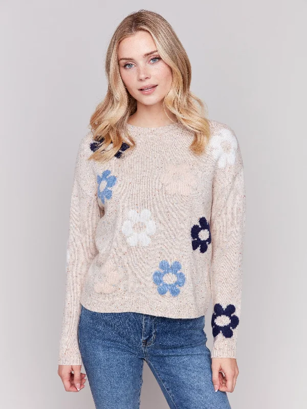 Nep Yarn Sweater with Flowers - Truffle