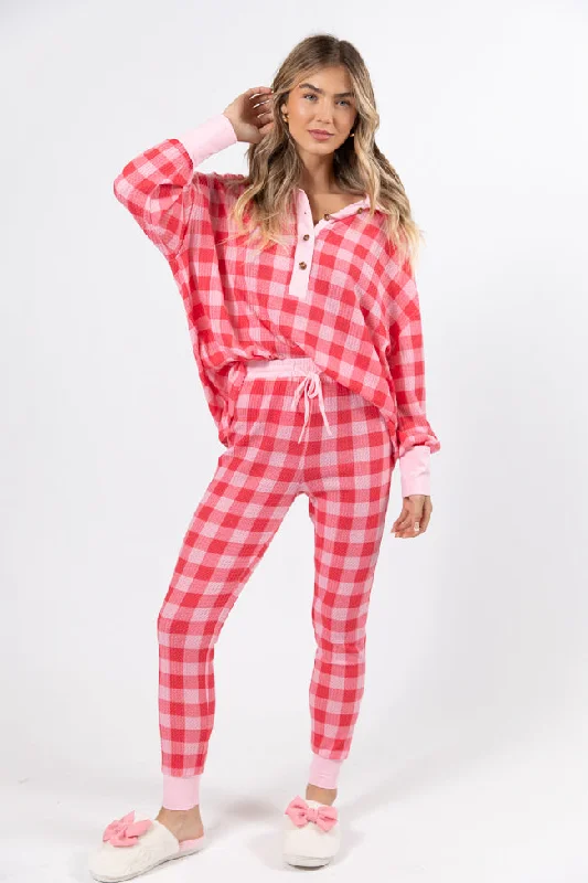 Outshine The Rest Thermal Pink & Red Plaid Lounge Pullover