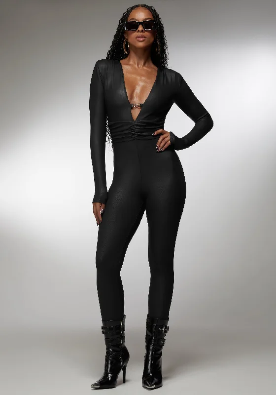 Plunging V-Neck Metal Trim Detail Catsuit