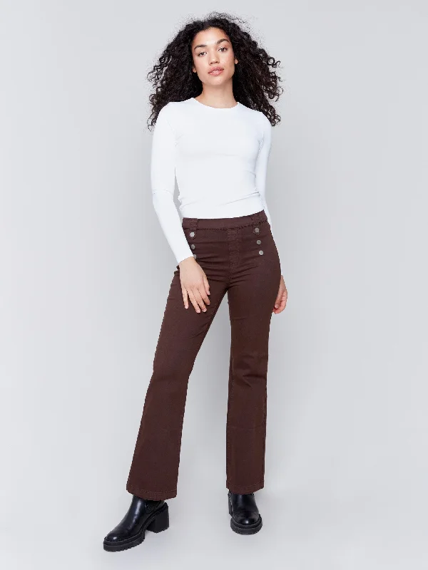 Pull-On Flare Twill Pants with Front Buttons - Mocha