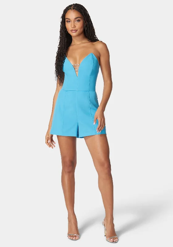 Strapless Deep V Neck Trim Romper