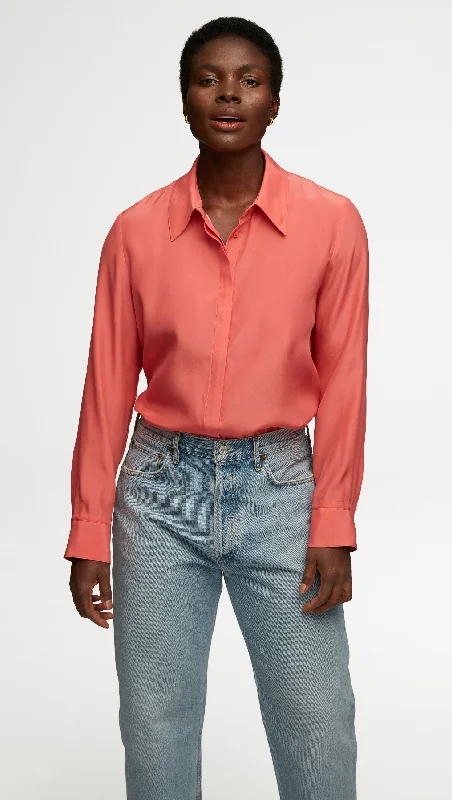 Collared Shirt in Matte-side Silk Charmeuse | Watermelon