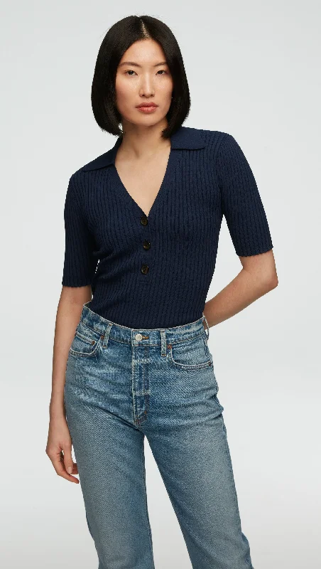 Ribbed Collar Top in Stretch Rayon | Navy